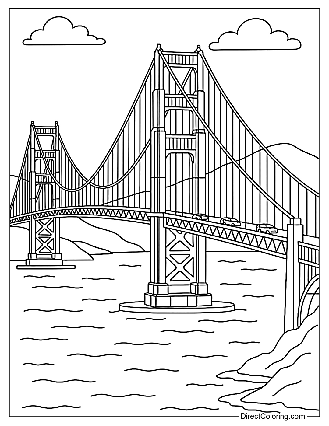 Coloring page of Golden Gate Bridge with cars passing by and blue sea below.